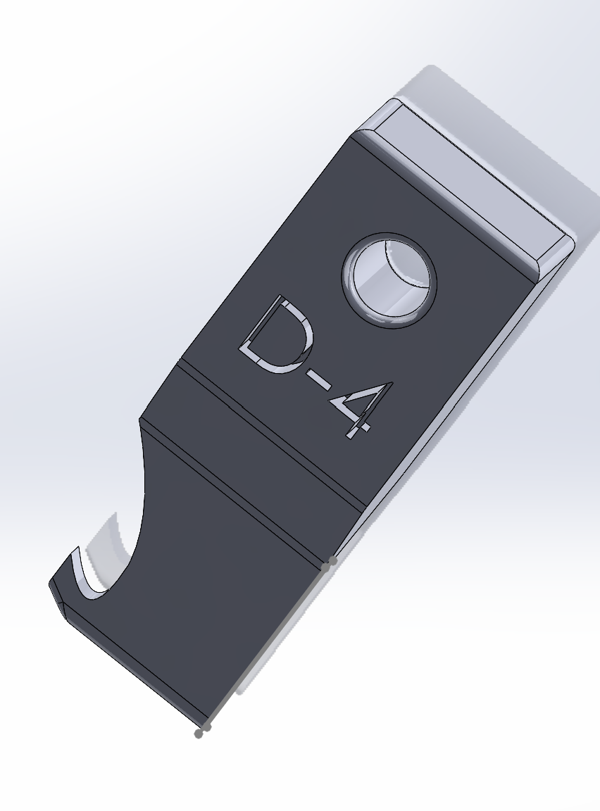 CAD render of a flat keychain tag embossed with D-4