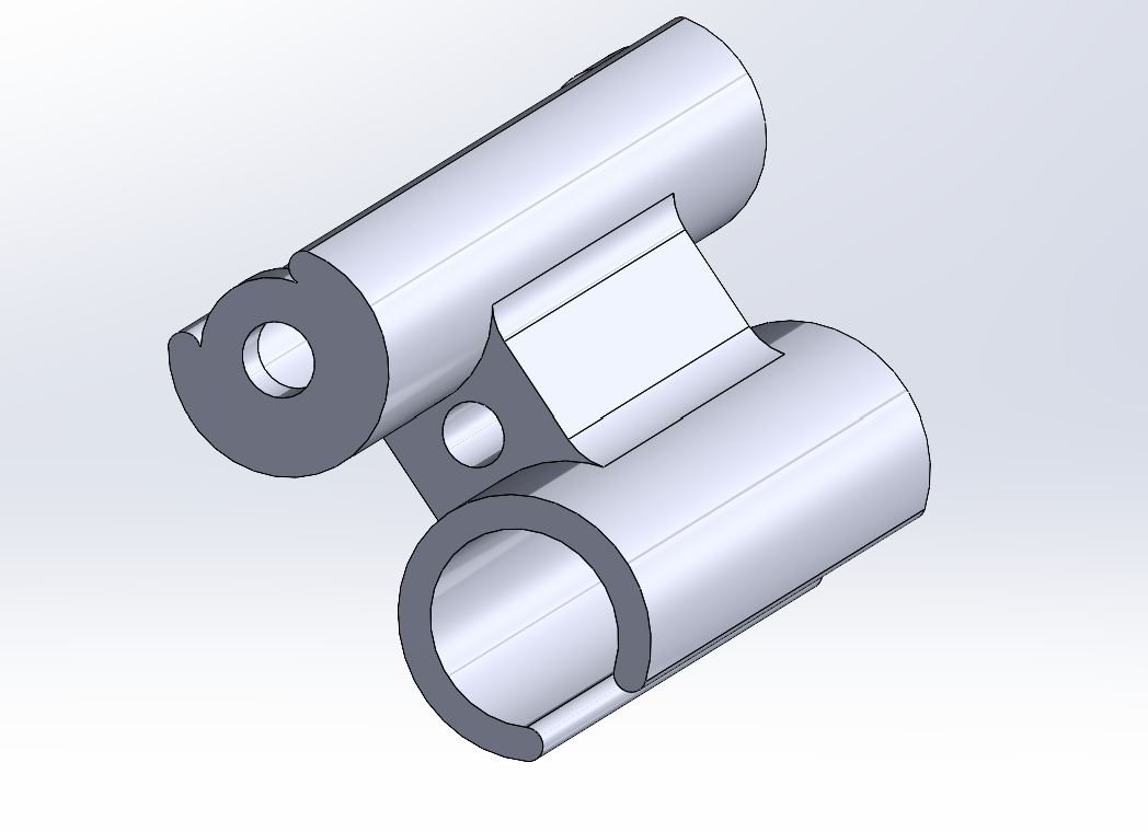 CAD render of a two-ring clamp bracket mounting a laser pointer onto an airsoft gun rail