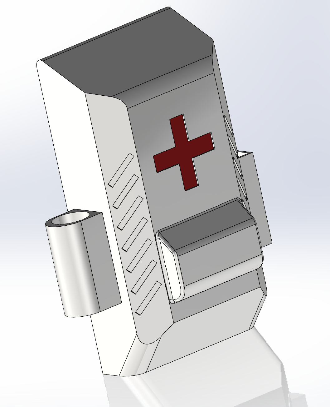 CAD render of a tall medical kit enclosure with a red cross on the front panel