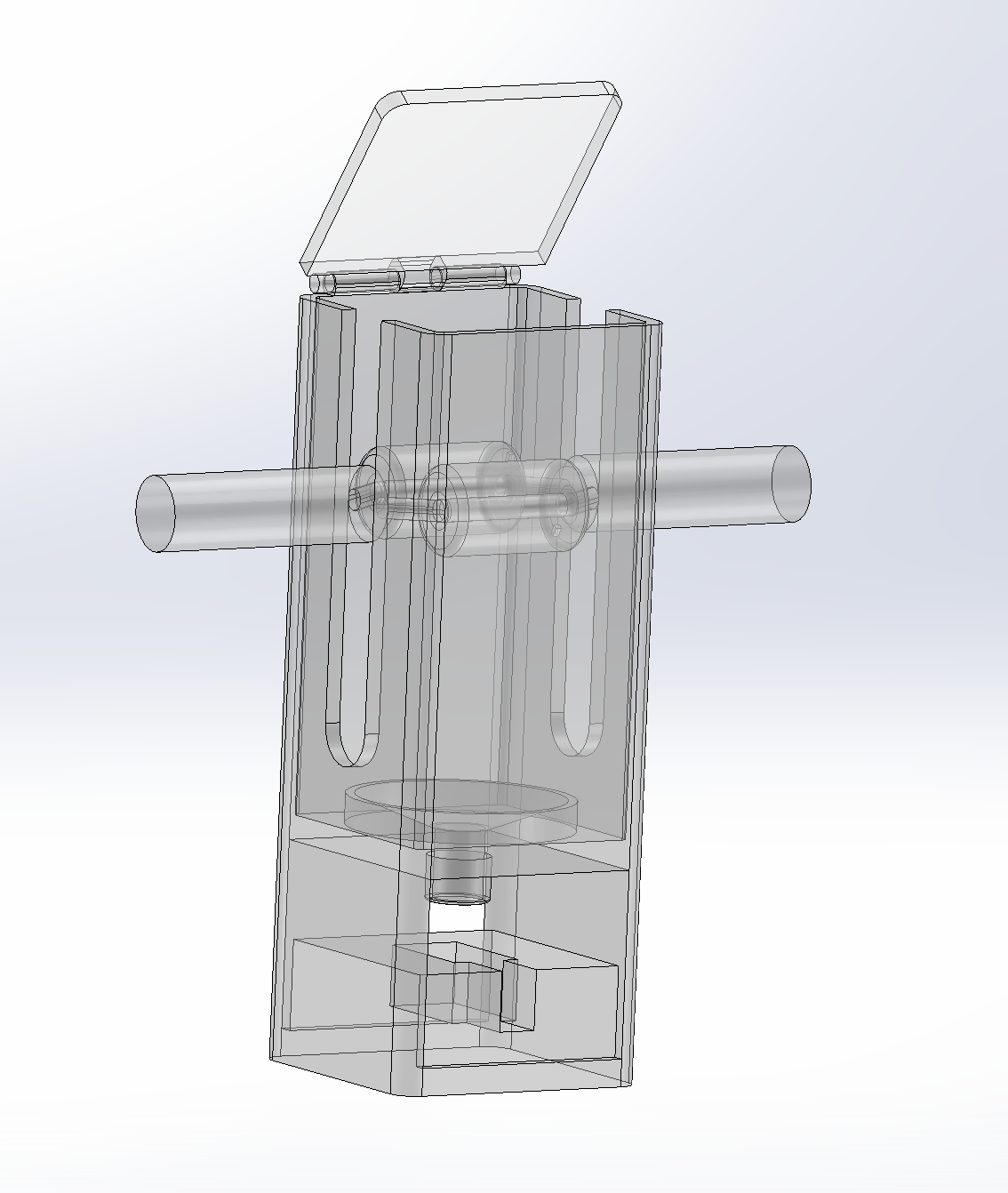 CAD render of a transparent toothpaste dispenser with a roller bar and hinged lid