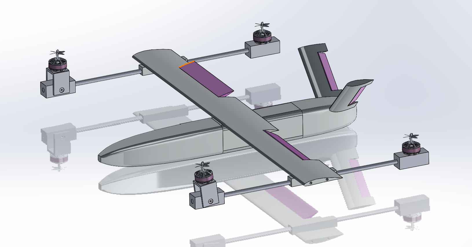 CAD render of a fixed-wing UAS with four tilting rotor nacelles mounted on booms