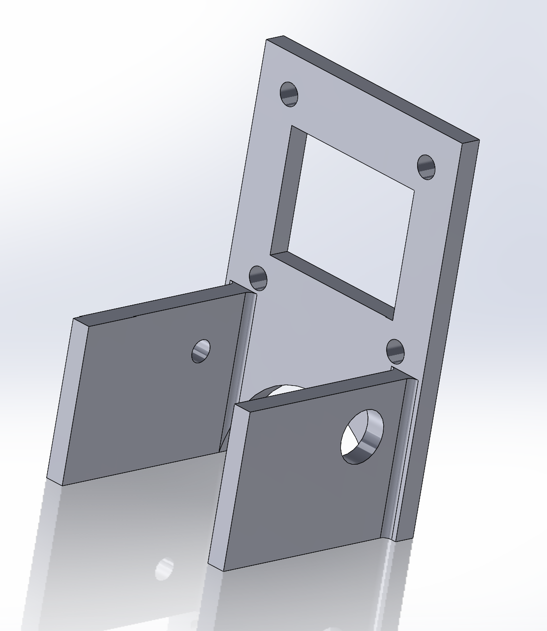 CAD render of an angled camera mounting bracket with a square aperture